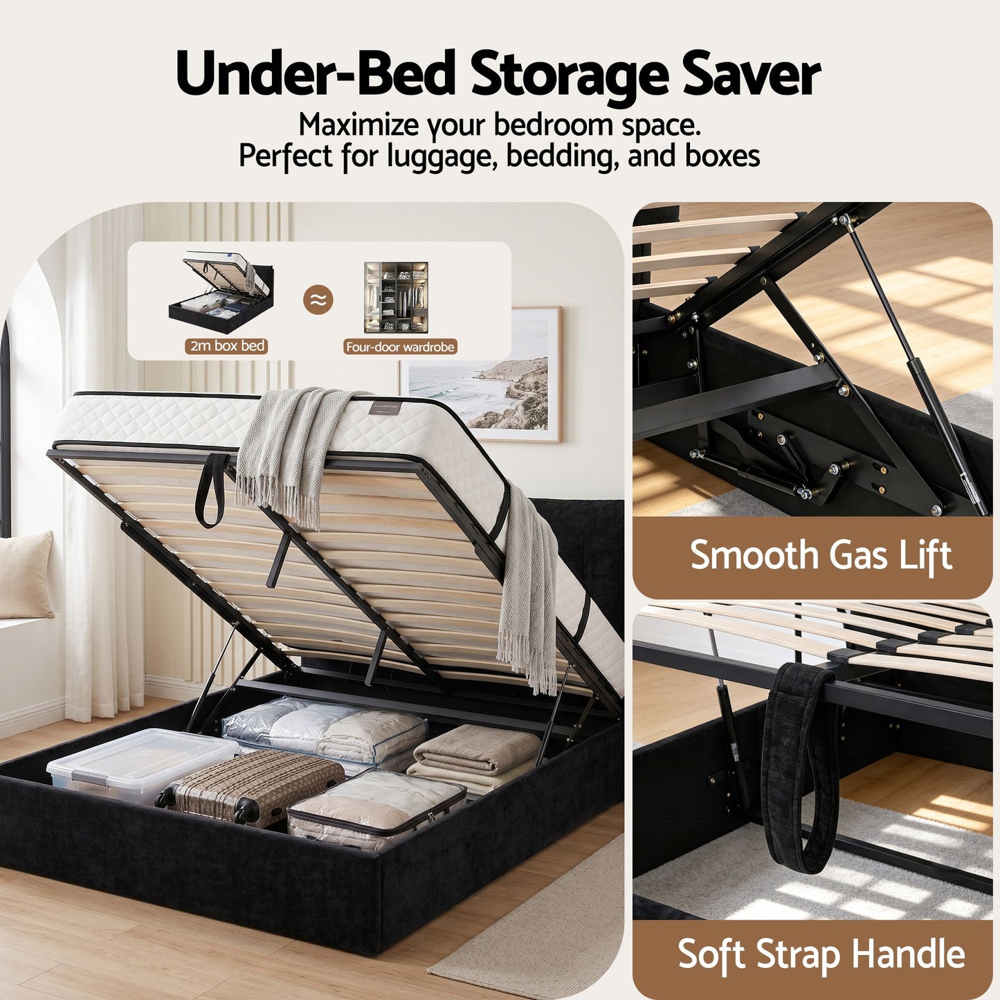 Artiss Queen Bed Frame with Horizontal Gas Lift Storage with LED Light USB Type-C Charging Station Black Velvet