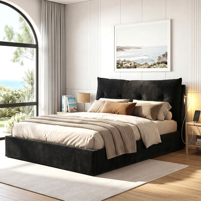 Artiss Queen Bed Frame with Horizontal Gas Lift Storage with LED Light USB Type-C Charging Station Black Velvet