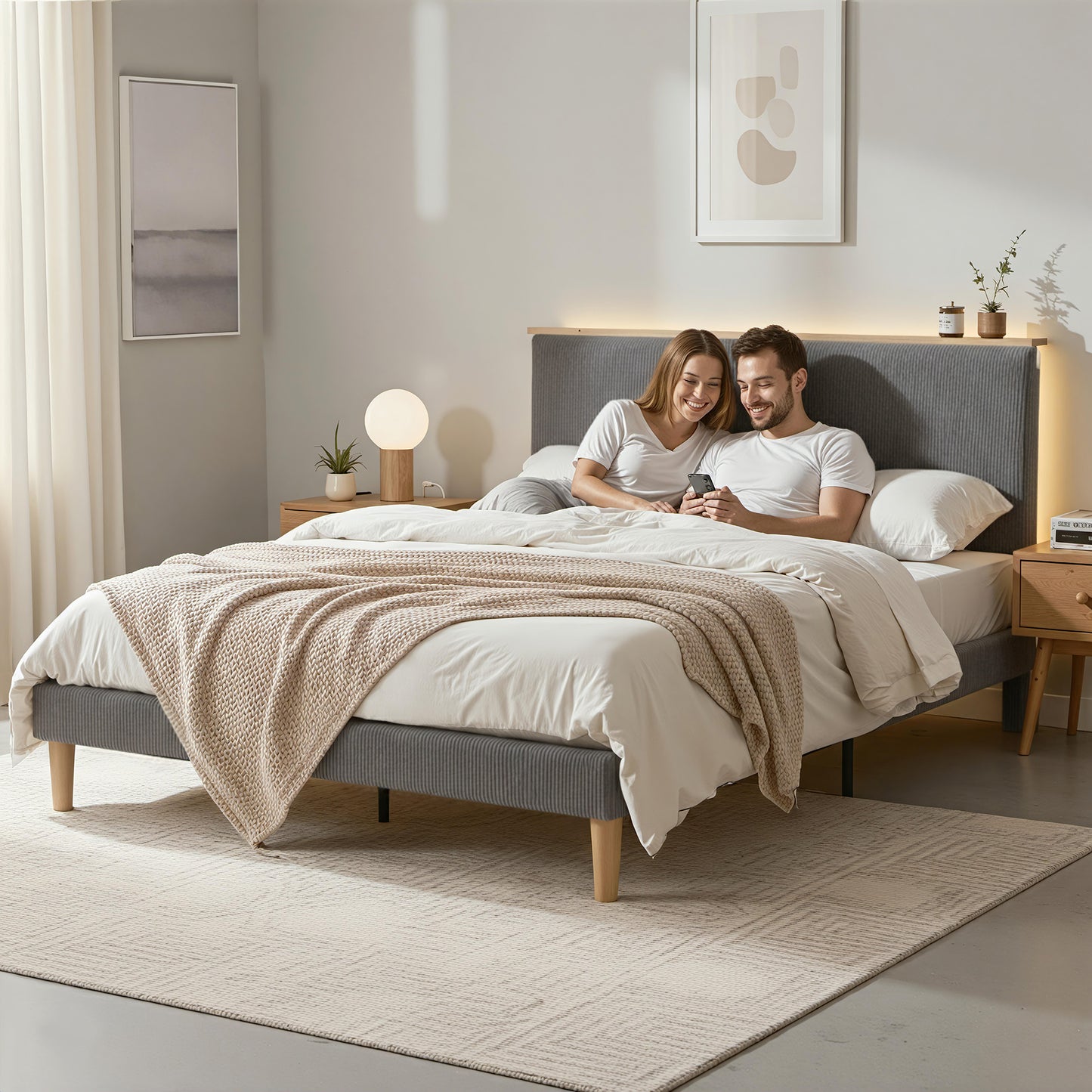 Artiss Queen Bed Frame Upholstered Adjustable Headboard Mood Lighting Heavy Duty Grey Velvet
