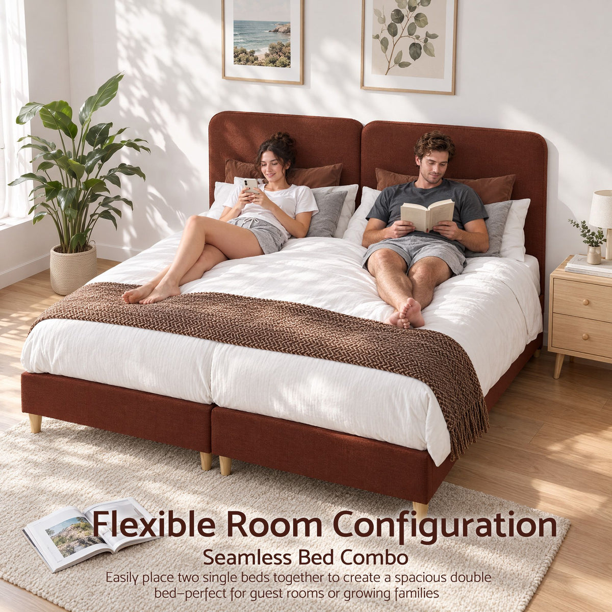 Artiss King Single Bed Frame with Headboard, Faux Linen Fabric Brown