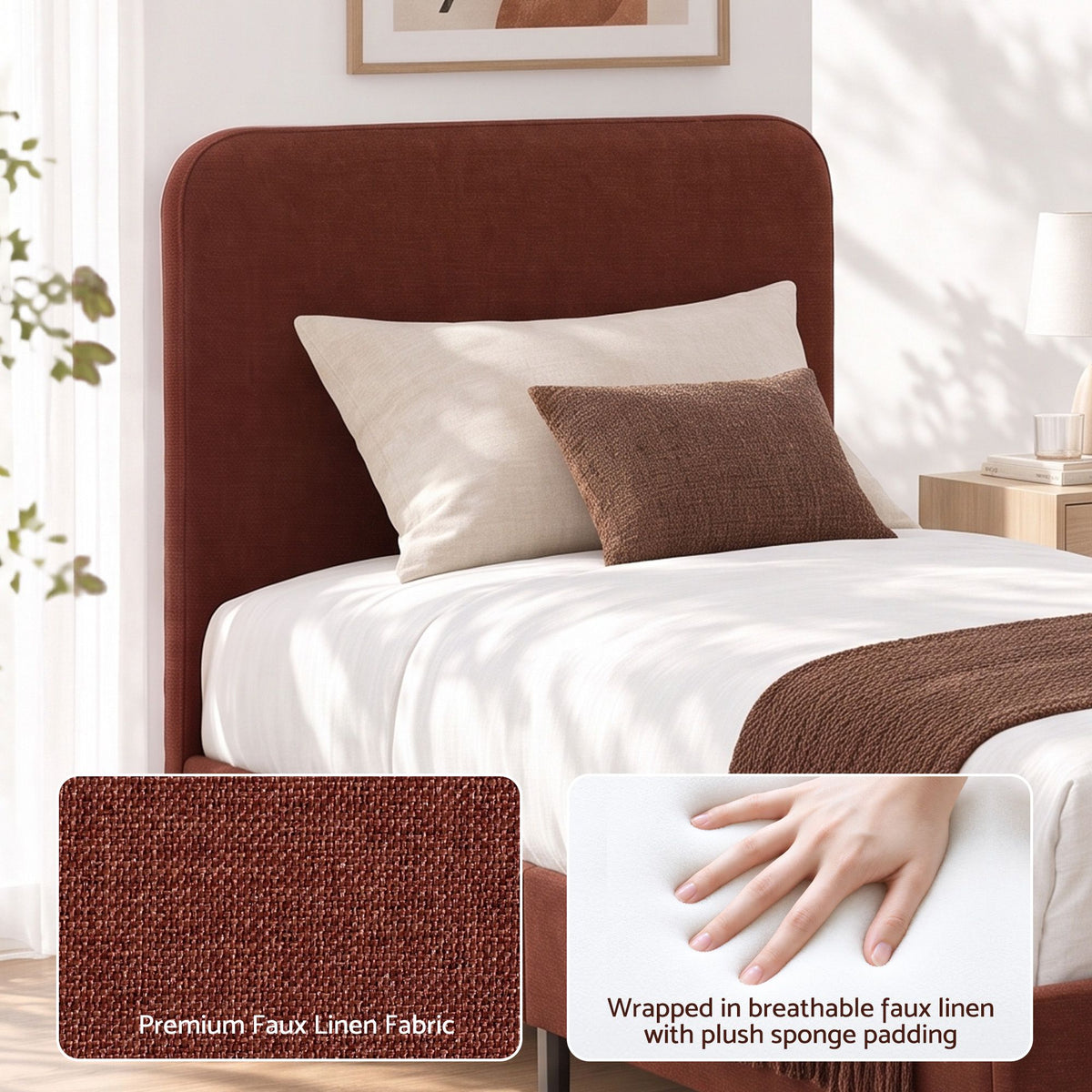 Artiss Single Bed Frame with Headboard, Faux Linen Fabric Brown