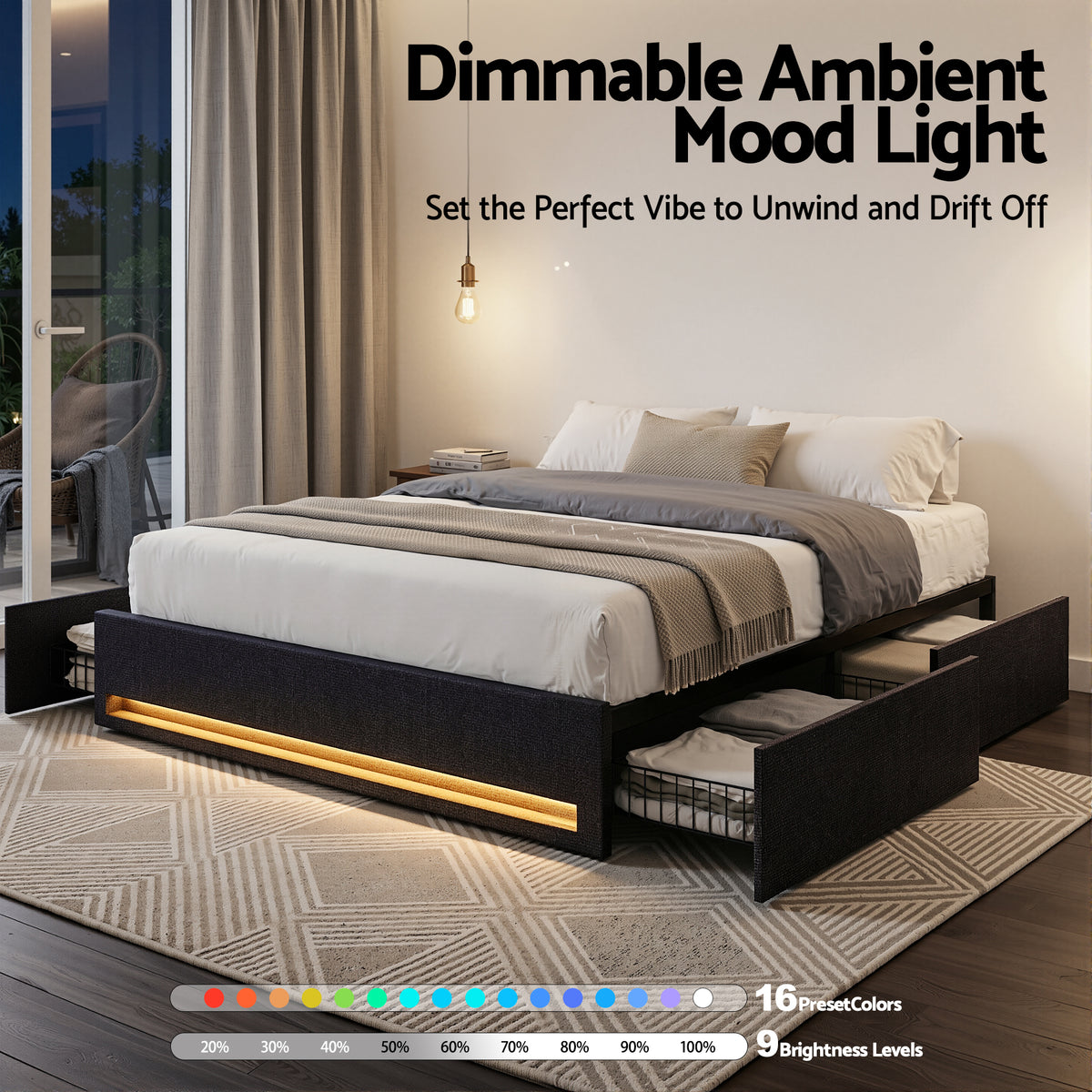 Artiss Double Bed Frame with Storage Drawers RGB Lights Charging Station Upholstered Fabric