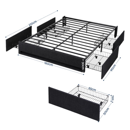 Artiss Queen Bed Frame with Storage Drawers RGB Lights Charging Station Upholstered Fabric