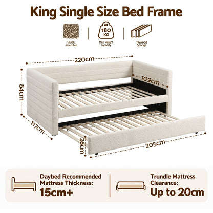 Artiss King Single Daybed with Trundle, Boucle Upholstered Bed Frame Guest Bed