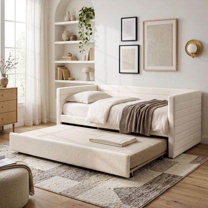 Artiss Single Daybed with Trundle, Boucle Upholstered Bed Frame Guest Bed