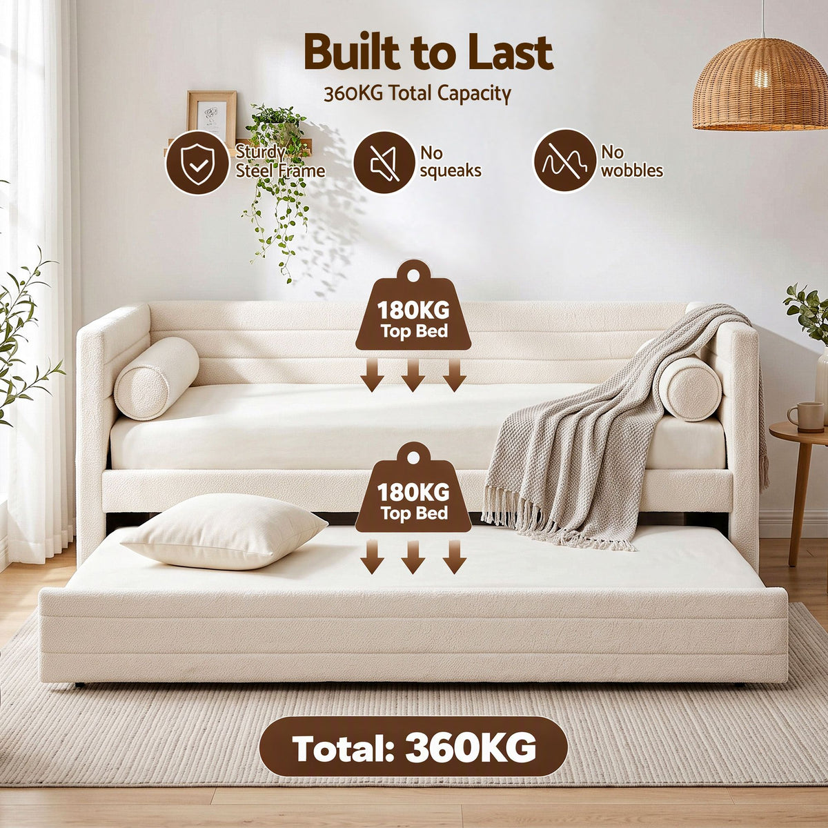 Artiss Single Daybed with Trundle, Boucle Upholstered Bed Frame Guest Bed