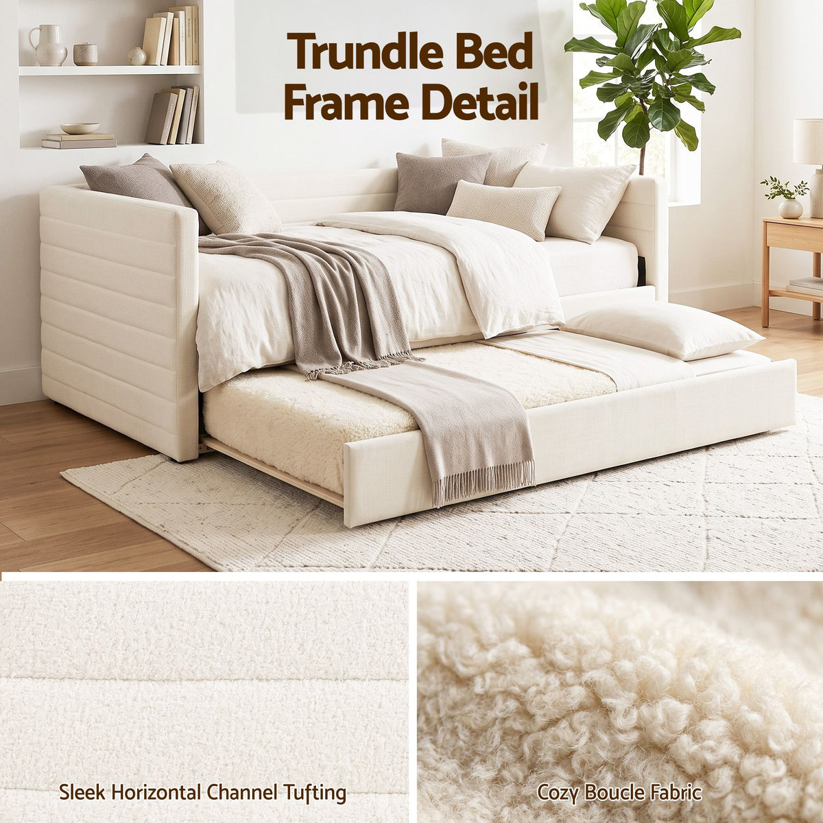 Artiss Single Daybed with Trundle, Boucle Upholstered Bed Frame Guest Bed