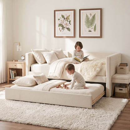 Artiss Single Daybed with Trundle, Boucle Upholstered Bed Frame Guest Bed