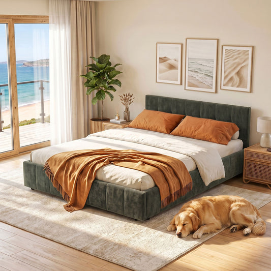 Artiss Double Bed Frame Chenille Heavy Duty Platform Base Green 300kg Support No Box Spring Needed