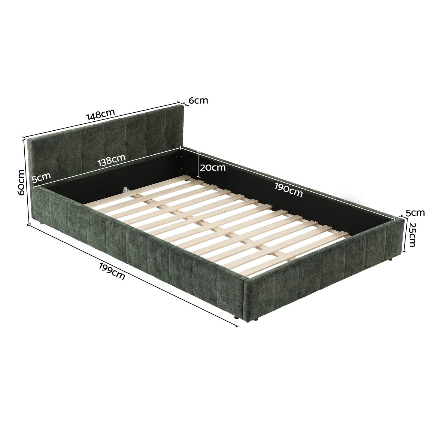 Artiss Double Bed Frame Chenille Heavy Duty Platform Base Green 300kg Support No Box Spring Needed