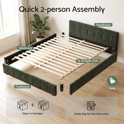 Artiss Double Bed Frame Chenille Heavy Duty Platform Base Green 300kg Support No Box Spring Needed