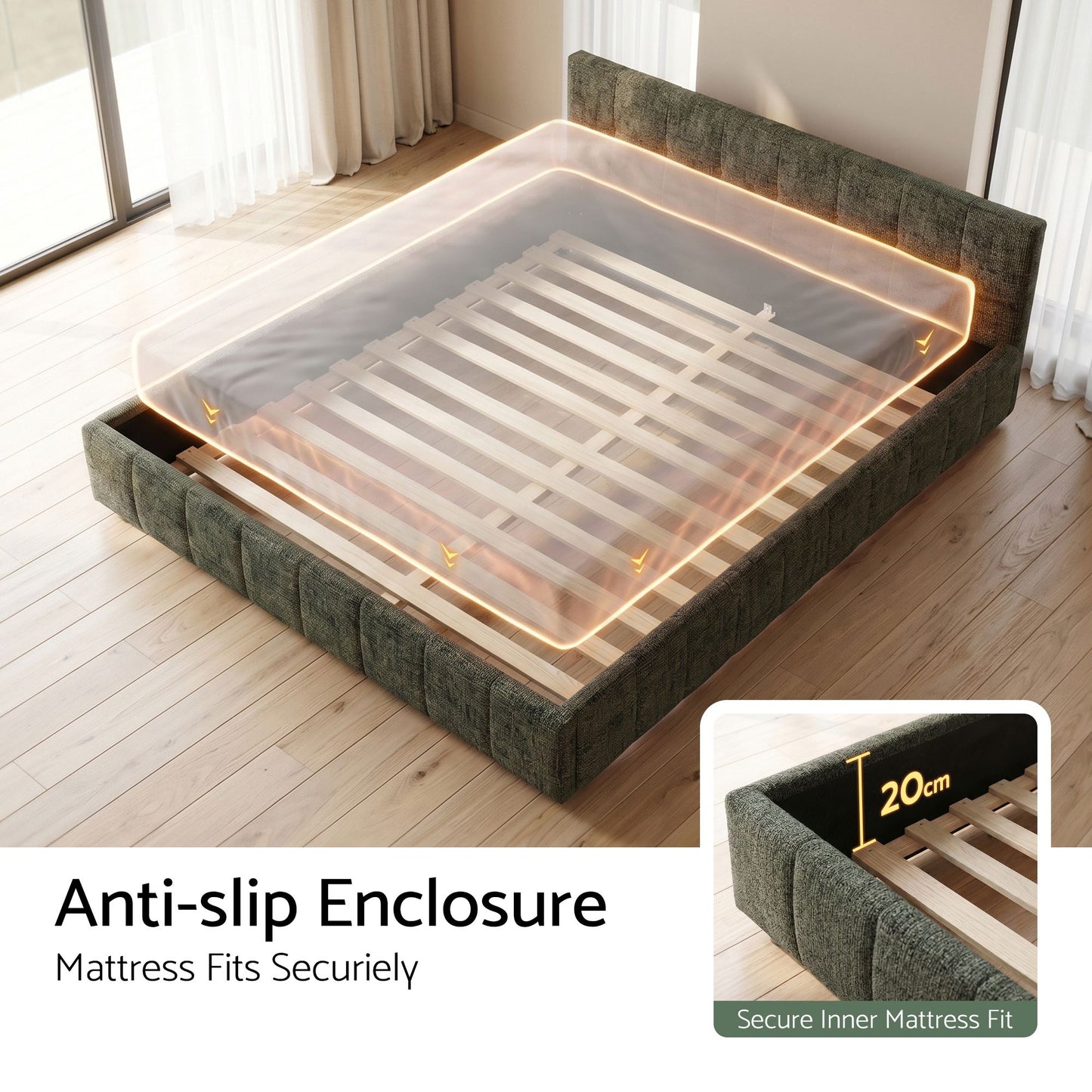 Artiss Double Bed Frame Chenille Heavy Duty Platform Base Green 300kg Support No Box Spring Needed