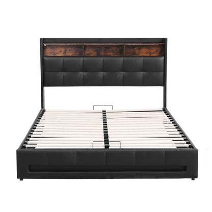 Artiss Double Bed Frame with Gas Lift Storage LED Lights Charging Station Headboard with Open Shelf