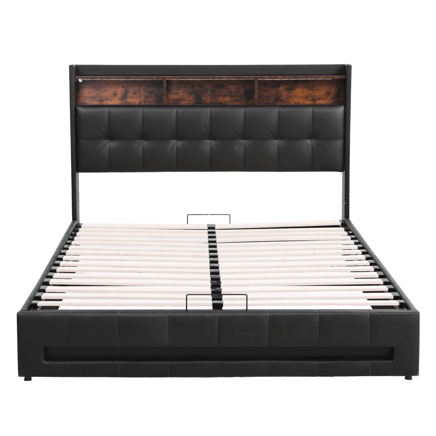 Artiss Queen Bed Frame with Gas Lift Storage LED Lights Charging Station Headboard with Open Shelf