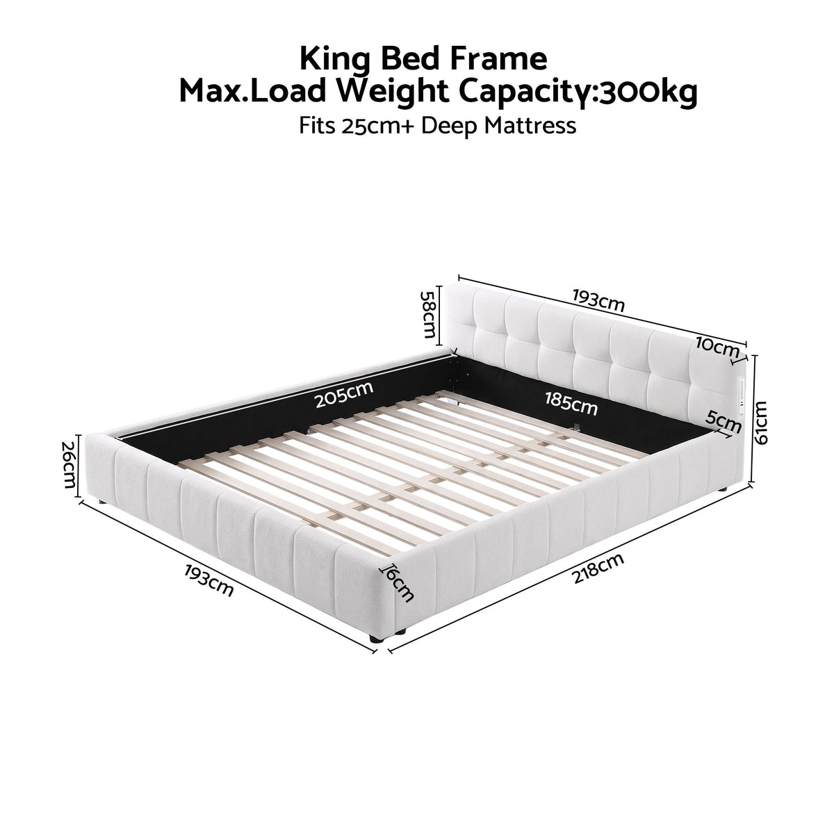 Artiss King Bed Frame with Charging, LED Lights & Tufted Headboard
