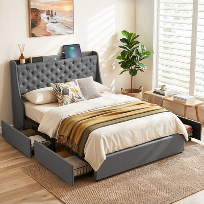 Artiss Double Bed Frame with 4 Storage Drawers and Charging Station Tufted Wingback Headboard 300kg Loads Charcoal Grey