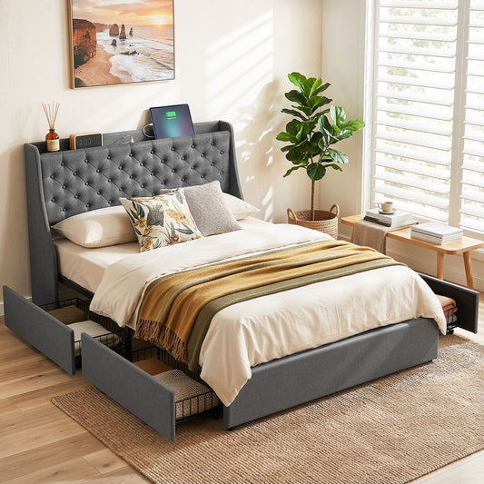 Artiss Double Bed Frame with 4 Storage Drawers and Charging Station Tufted Wingback Headboard 300kg Loads Charcoal Grey