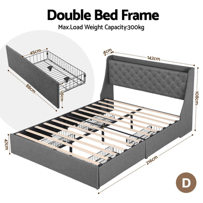 Artiss Double Bed Frame with 4 Storage Drawers and Charging Station Tufted Wingback Headboard 300kg Loads Charcoal Grey