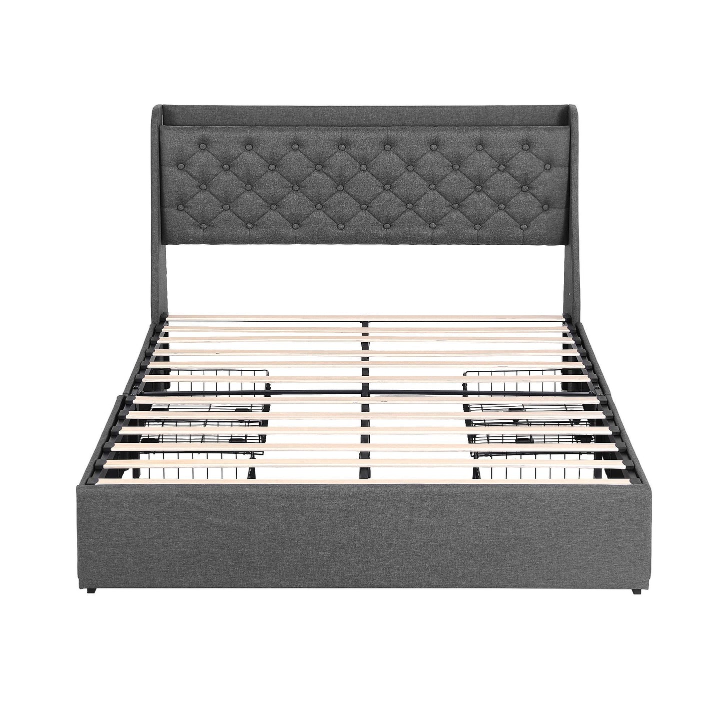 Artiss Double Bed Frame with 4 Storage Drawers and Charging Station Tufted Wingback Headboard 300kg Loads Charcoal Grey