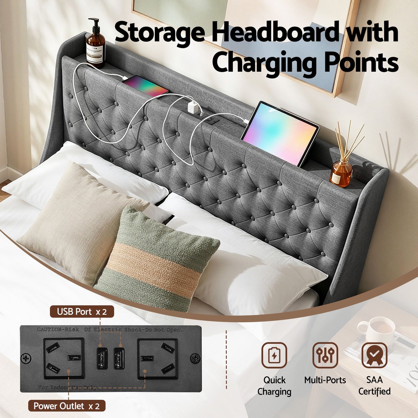 Artiss Double Bed Frame with 4 Storage Drawers and Charging Station Tufted Wingback Headboard 300kg Loads Charcoal Grey