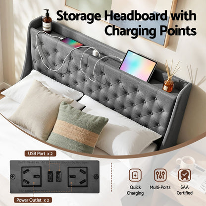 Artiss Double Bed Frame with 4 Storage Drawers and Charging Station Tufted Wingback Headboard 300kg Loads Charcoal Grey
