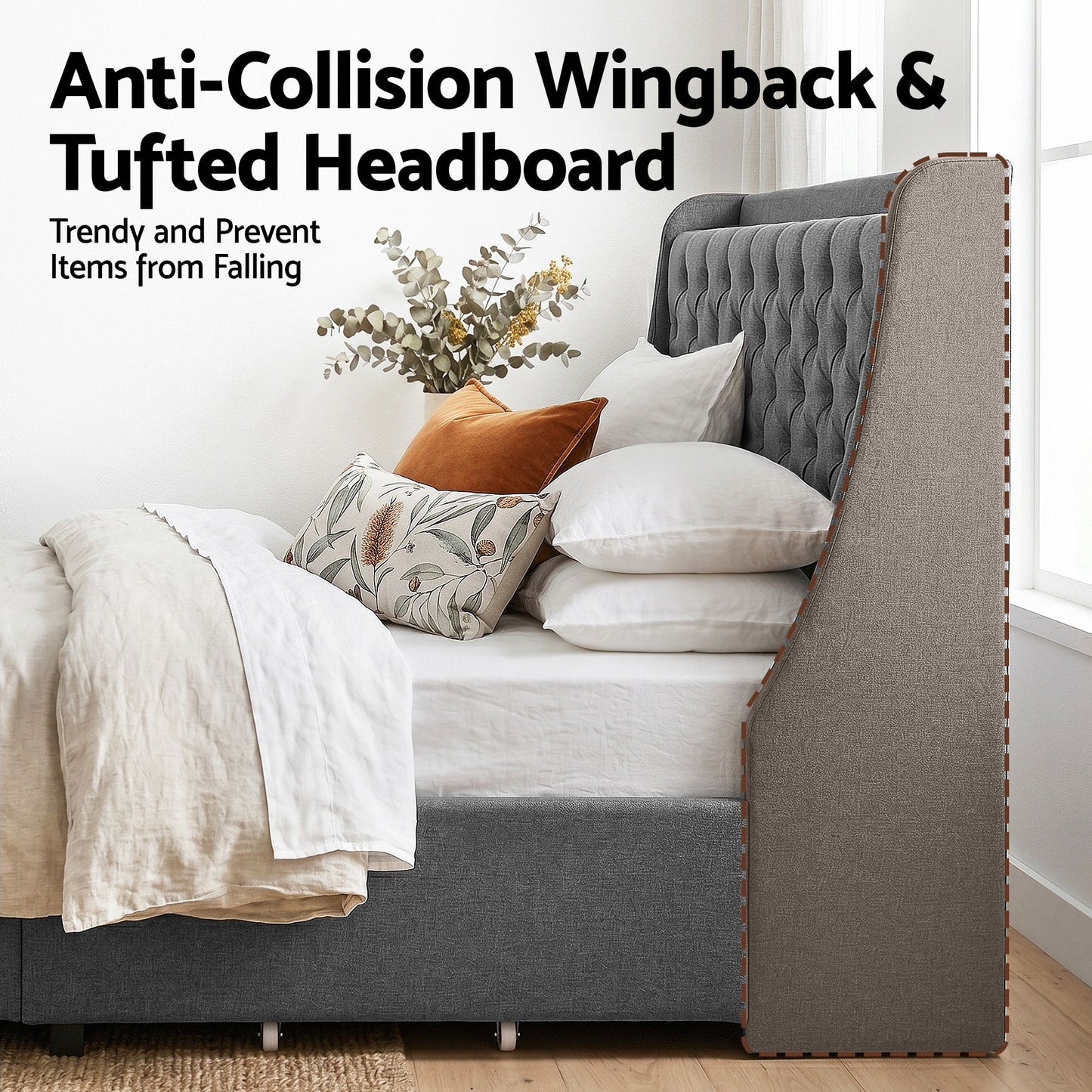 Artiss Double Bed Frame with 4 Storage Drawers and Charging Station Tufted Wingback Headboard 300kg Loads Charcoal Grey
