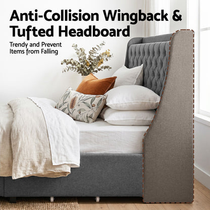 Artiss Double Bed Frame with 4 Storage Drawers and Charging Station Tufted Wingback Headboard 300kg Loads Charcoal Grey