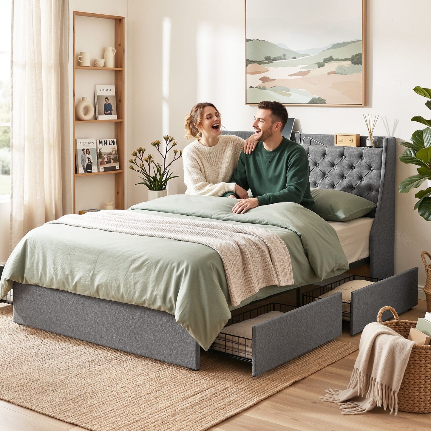 Artiss Double Bed Frame with 4 Storage Drawers and Charging Station Tufted Wingback Headboard 300kg Loads Charcoal Grey