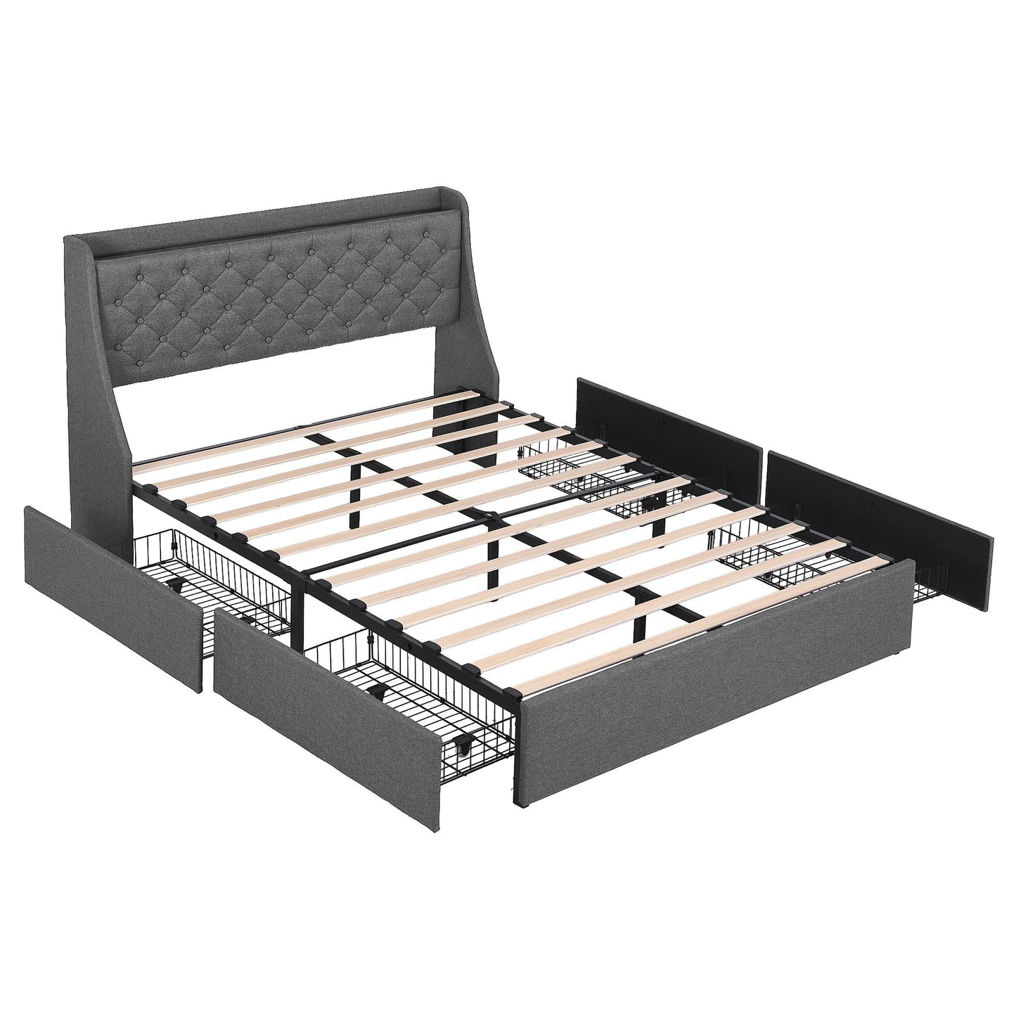 Artiss Double Bed Frame with 4 Storage Drawers and Charging Station Tufted Wingback Headboard 300kg Loads Charcoal Grey