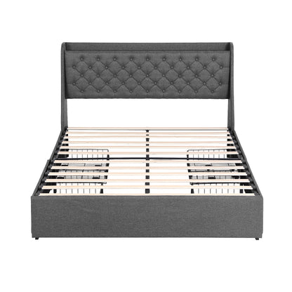Artiss Queen Bed Frame with 4 Storage Drawers and Charging Station Tufted Wingback Headboard 300kg Loads Charcoal Grey