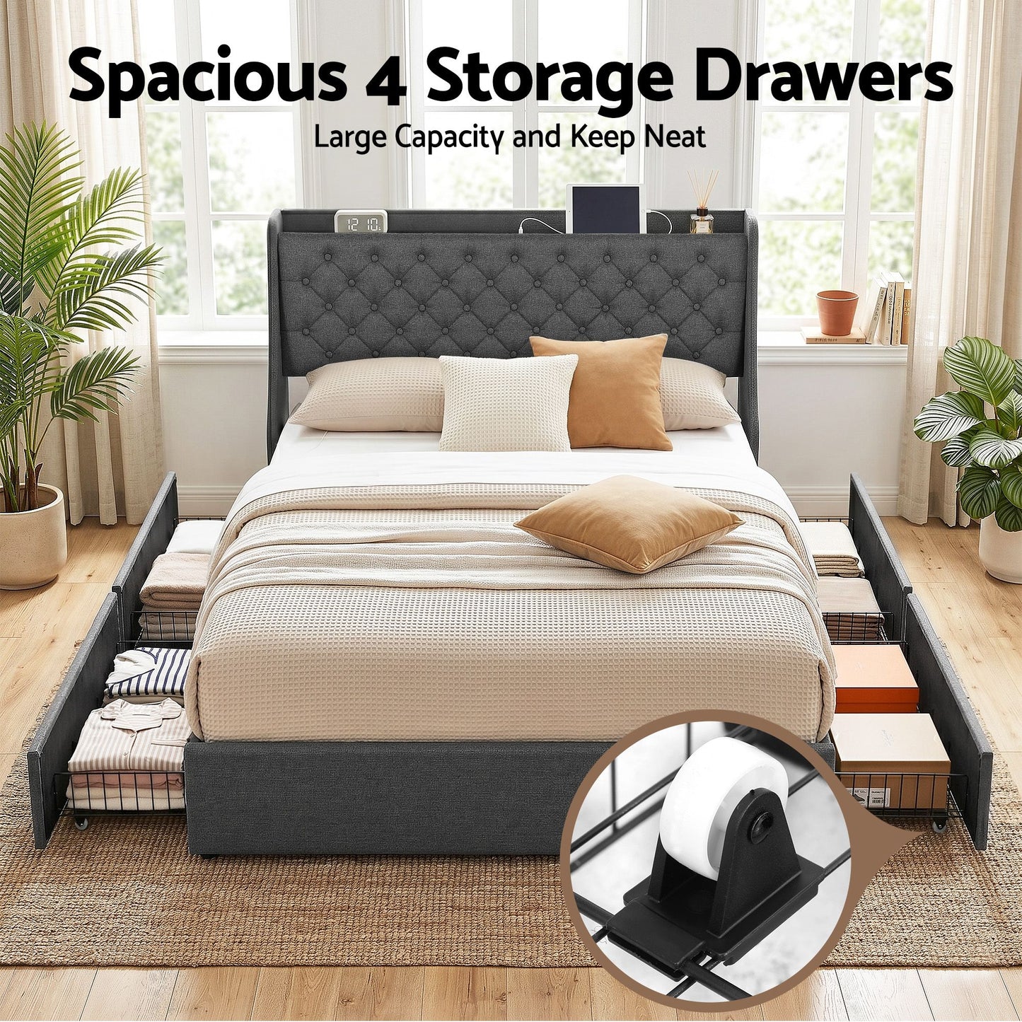 Artiss Queen Bed Frame with 4 Storage Drawers and Charging Station Tufted Wingback Headboard 300kg Loads Charcoal Grey