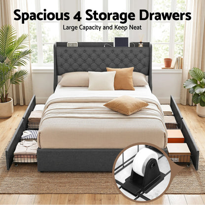 Artiss Queen Bed Frame with 4 Storage Drawers and Charging Station Tufted Wingback Headboard 300kg Loads Charcoal Grey