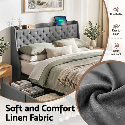 Artiss Queen Bed Frame with 4 Storage Drawers and Charging Station Tufted Wingback Headboard 300kg Loads Charcoal Grey