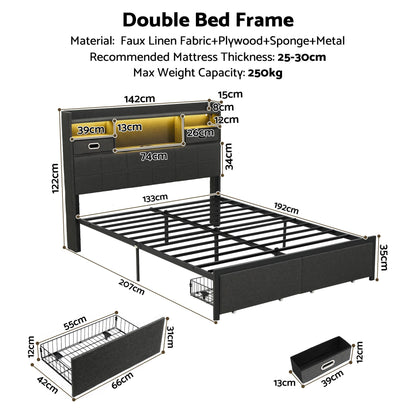 Artiss Double Bed Frame with 2 Storage Drawers & Headboard, USB Charging Station, RGB LED Light