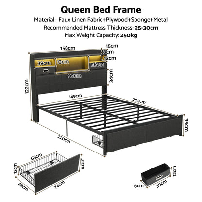 Artiss Queen Bed Frame with Storage Drawers & Headboard, 2 Drawer, USB, LED