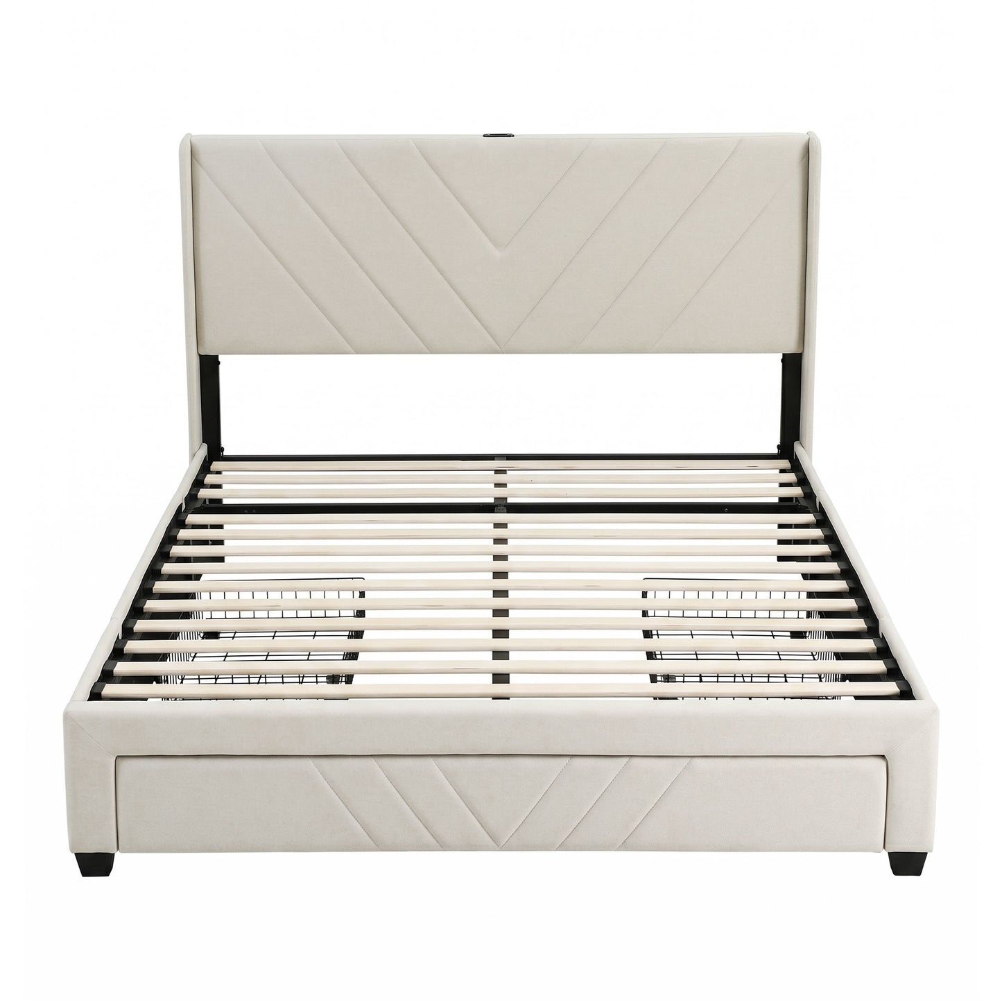 Artiss Double Bed Frame with Charging Station and Storage Drawers Beige 300KG Noise Free