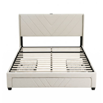 Artiss Double Bed Frame with Charging Station and Storage Drawers Beige 300KG Noise Free