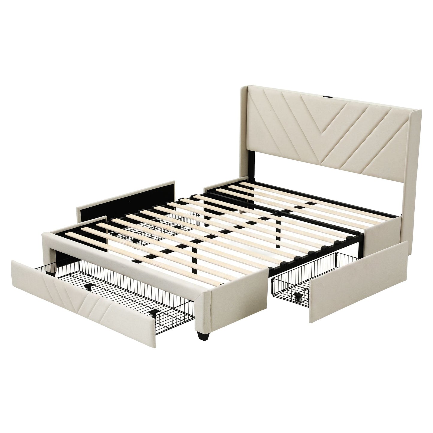 Artiss King Bed Frame with Charging Station and Storage Drawers Beige 300KG Noise Free