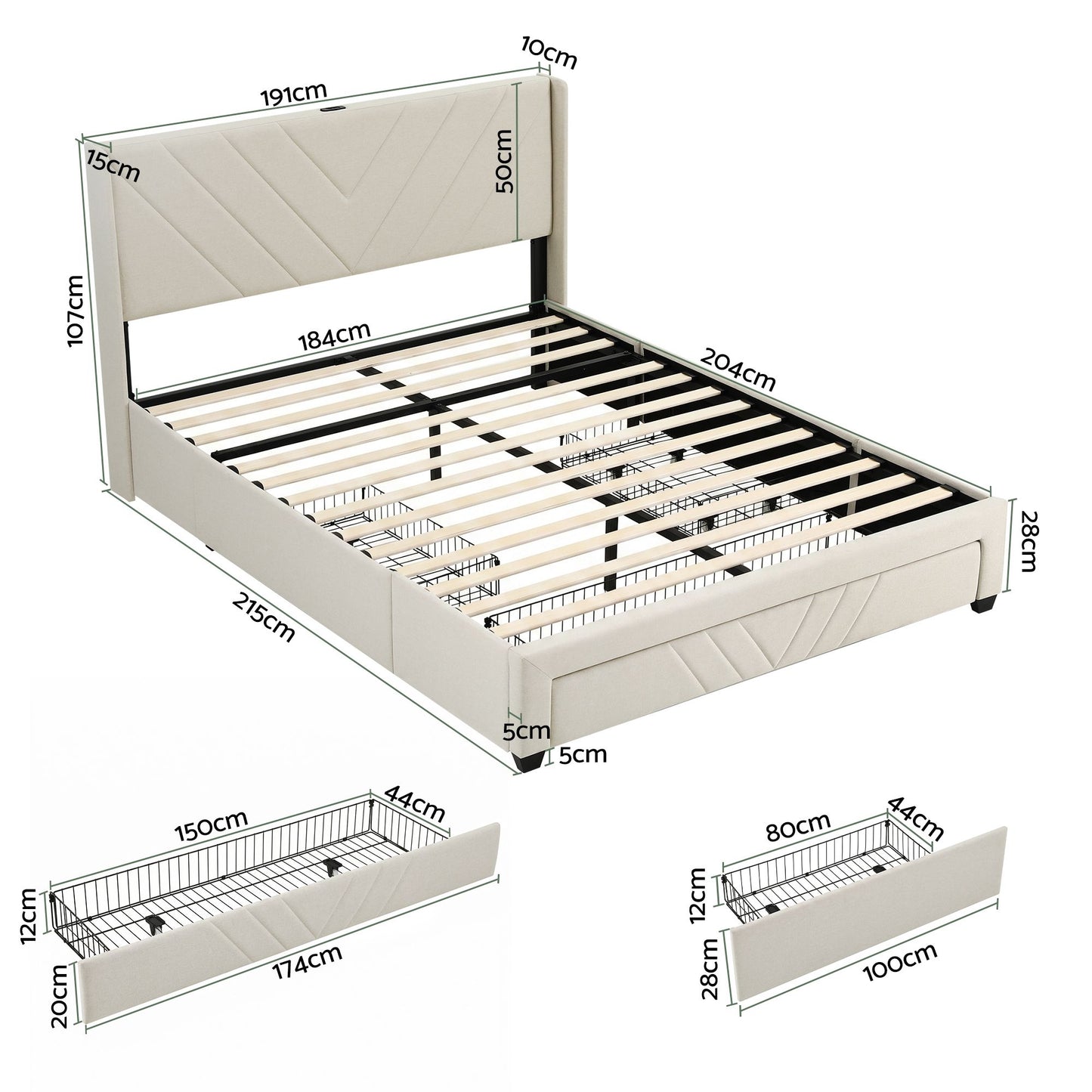 Artiss King Bed Frame with Charging Station and Storage Drawers Beige 300KG Noise Free