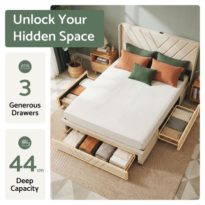 Artiss King Bed Frame with Charging Station and Storage Drawers Beige 300KG Noise Free