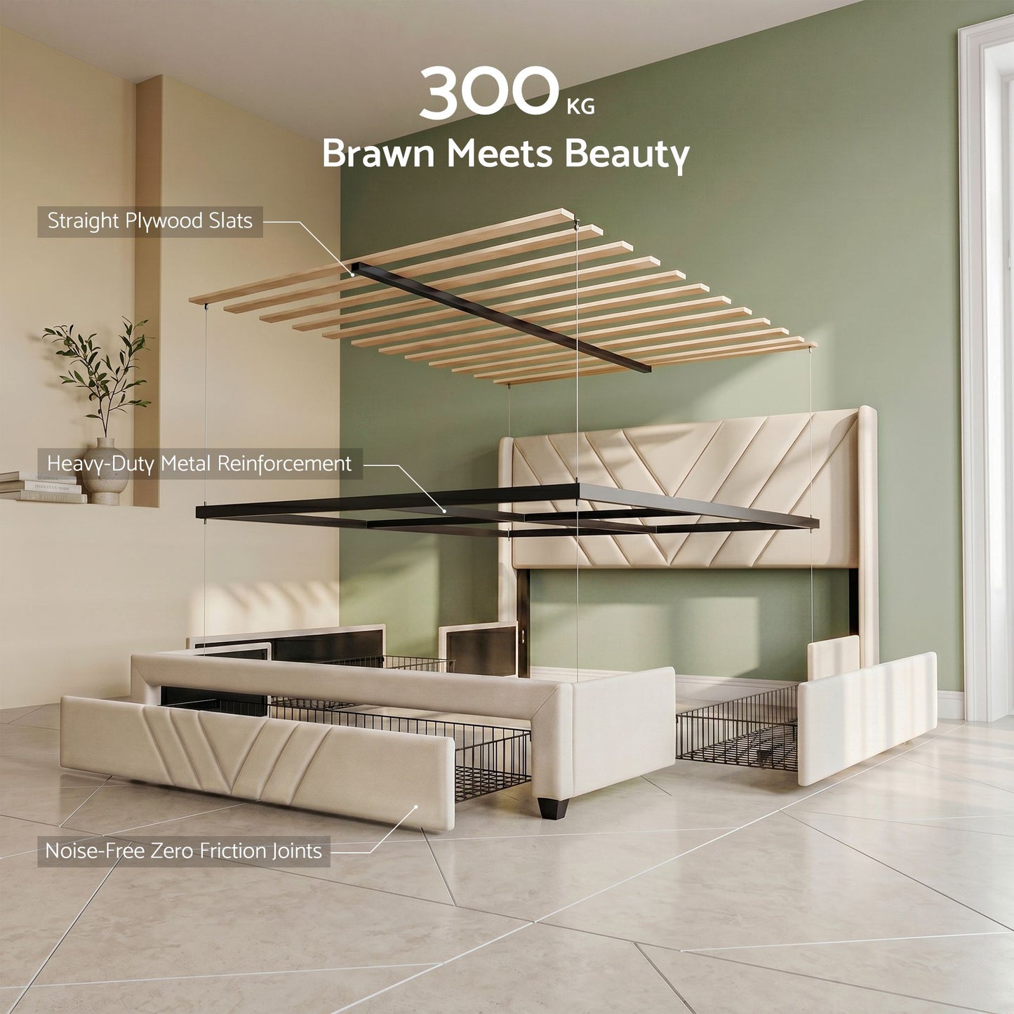 Artiss King Bed Frame with Charging Station and Storage Drawers Beige 300KG Noise Free