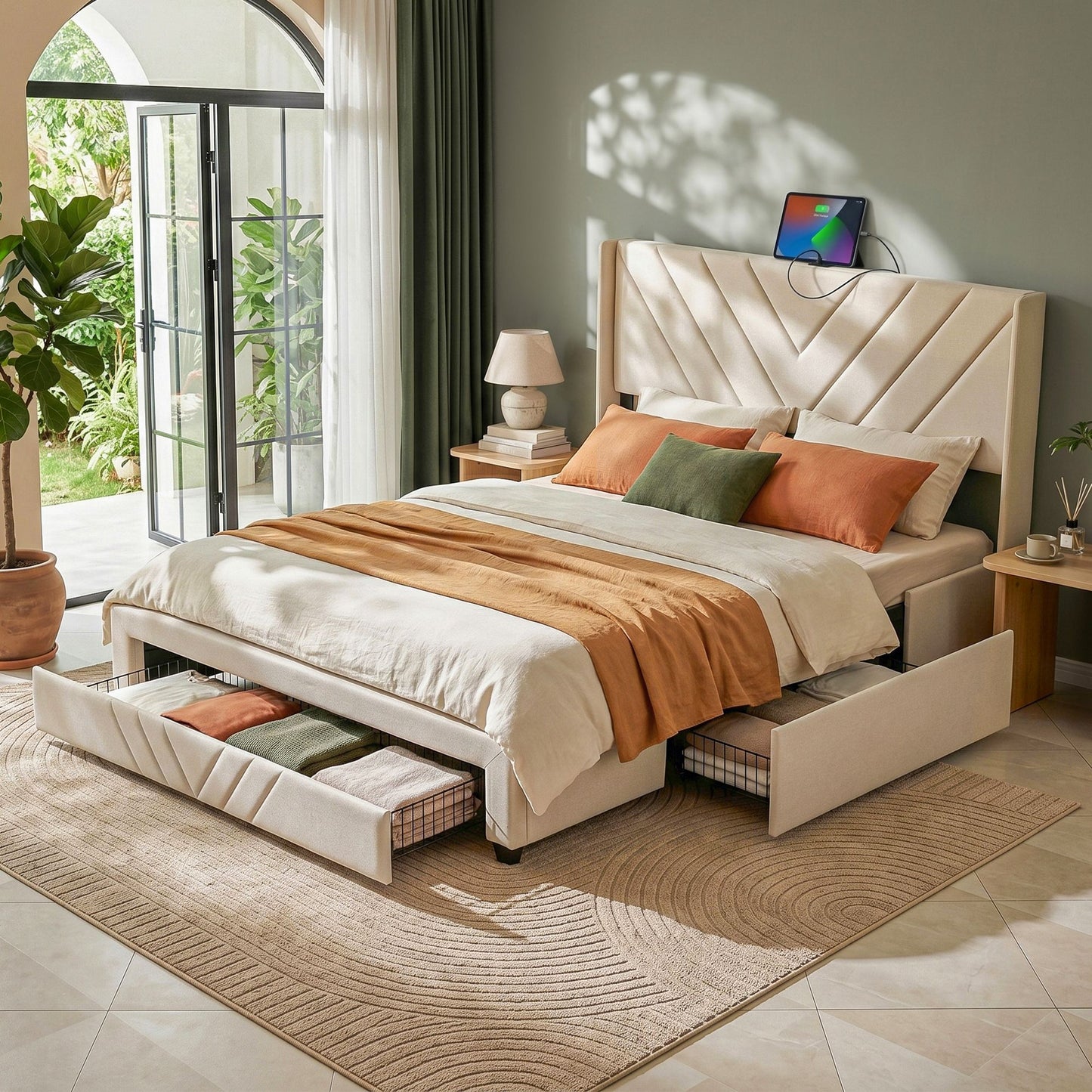 Artiss Queen Bed Frame with Charging Station and Storage Drawers Beige 300KG Noise Free