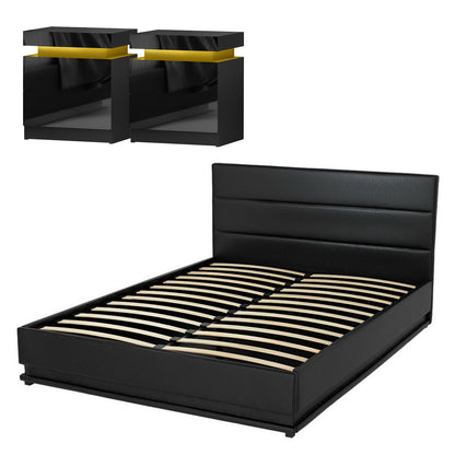 Artiss RGB LED Queen Bed Frame with 2 Beside Tables Set 16 Colour Mood Lighting