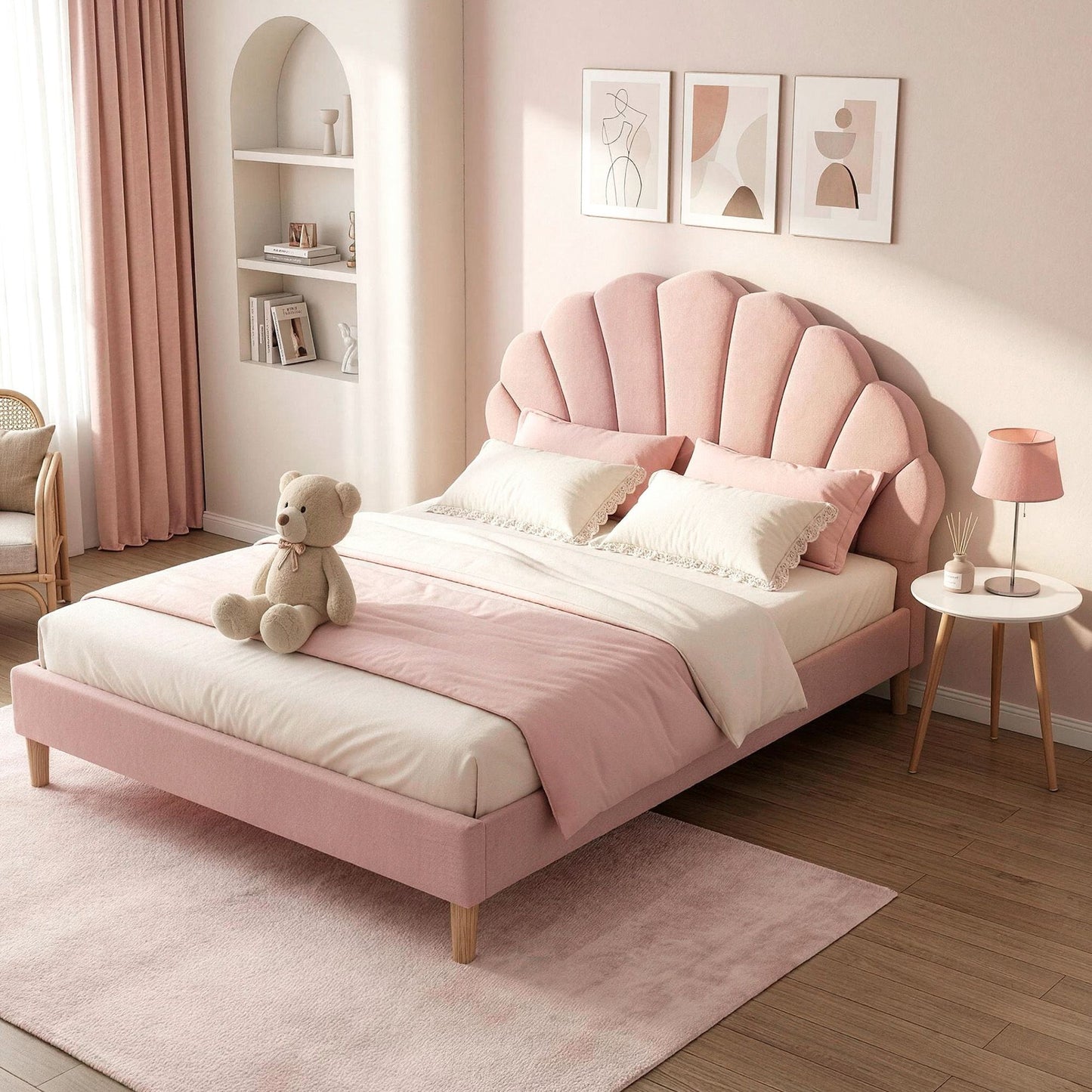 Artiss Double Bed Frame and Round Coffee Table Set Pink Velvet Bedhead with Wooden Side Table