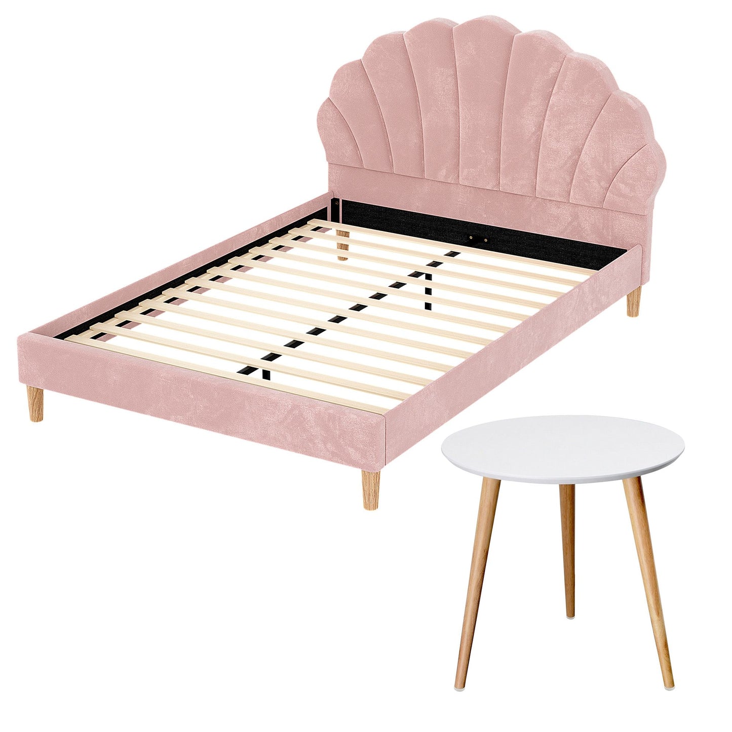 Artiss Double Bed Frame and Round Coffee Table Set Pink Velvet Bedhead with Wooden Side Table