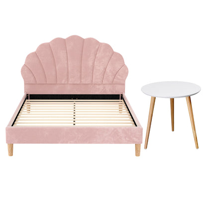 Artiss Double Bed Frame and Round Coffee Table Set Pink Velvet Bedhead with Wooden Side Table