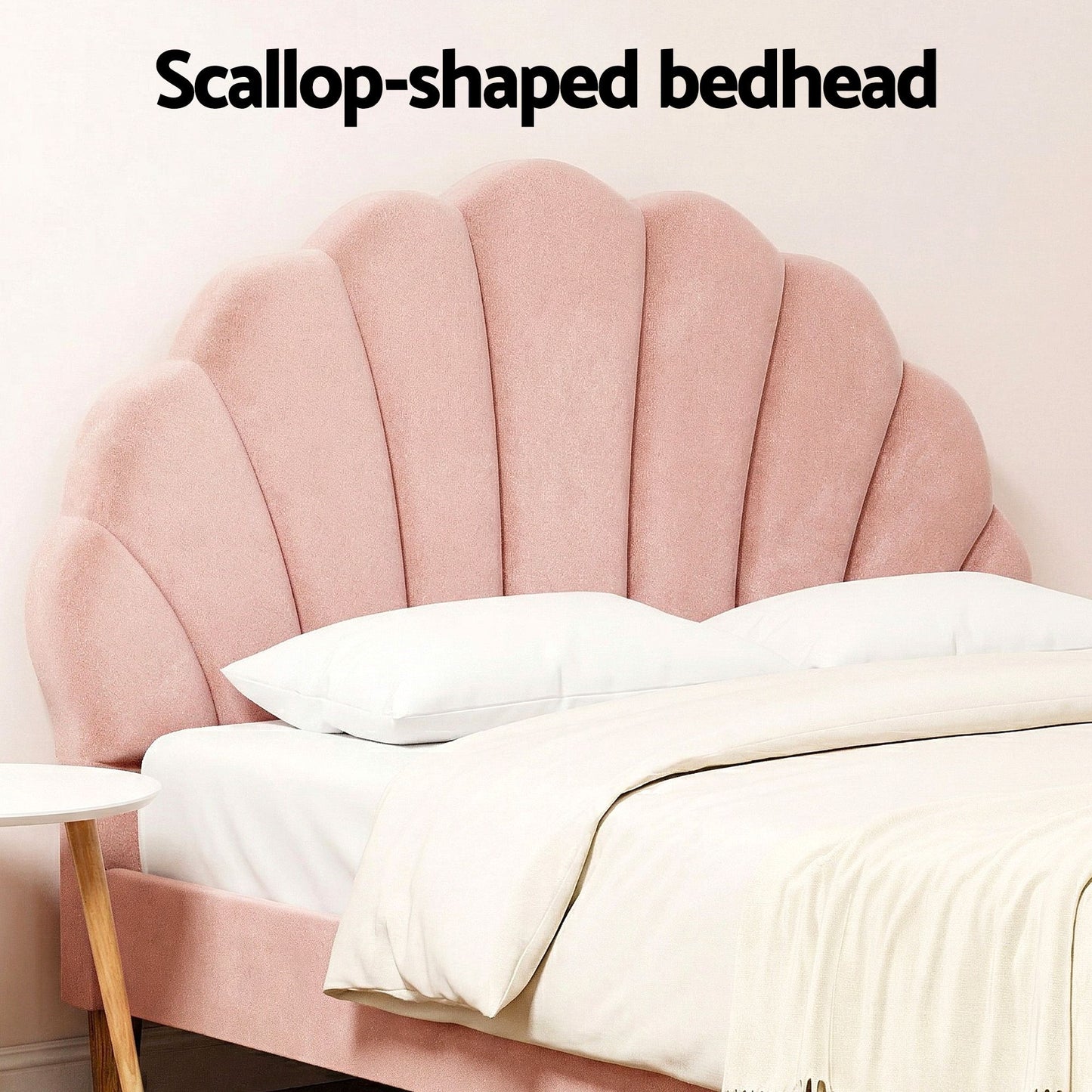 Artiss Double Bed Frame and Round Coffee Table Set Pink Velvet Bedhead with Wooden Side Table