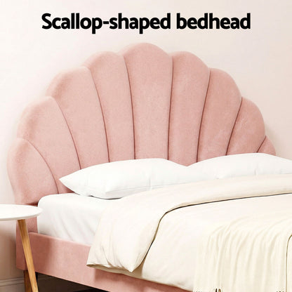 Artiss Double Bed Frame and Round Coffee Table Set Pink Velvet Bedhead with Wooden Side Table