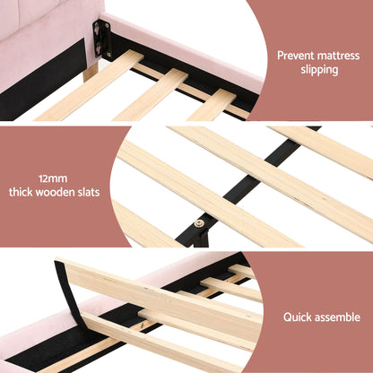 Artiss Double Bed Frame and Round Coffee Table Set Pink Velvet Bedhead with Wooden Side Table