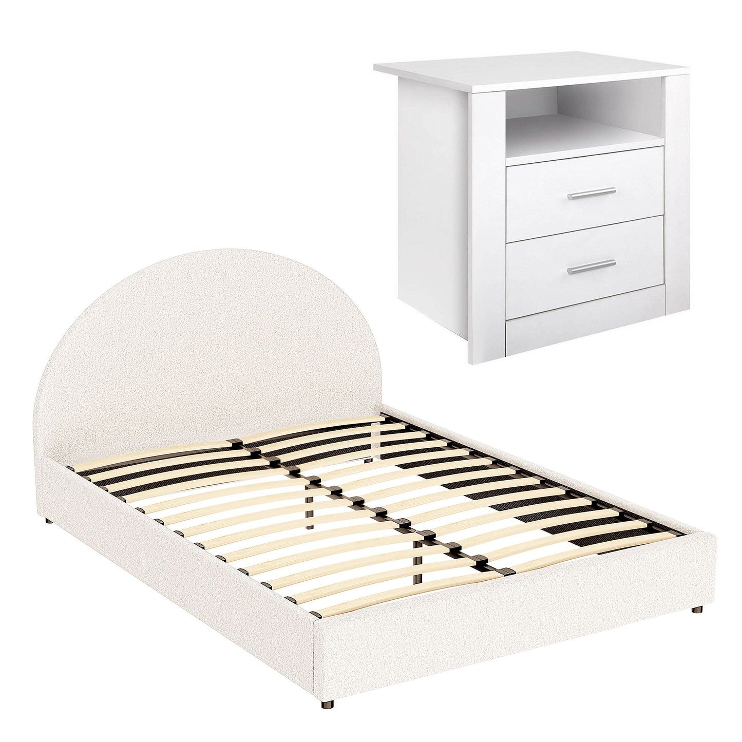 Artiss Queen Bed Frame with Storage and Bedside Table Set Boucle Fabric Gas Lift Bed Base 2-Drawer Nightstand